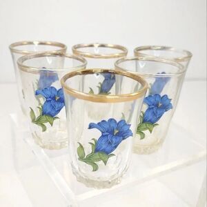 Vintage Shot Glasses With Blue Flower Pattern France Set of Six